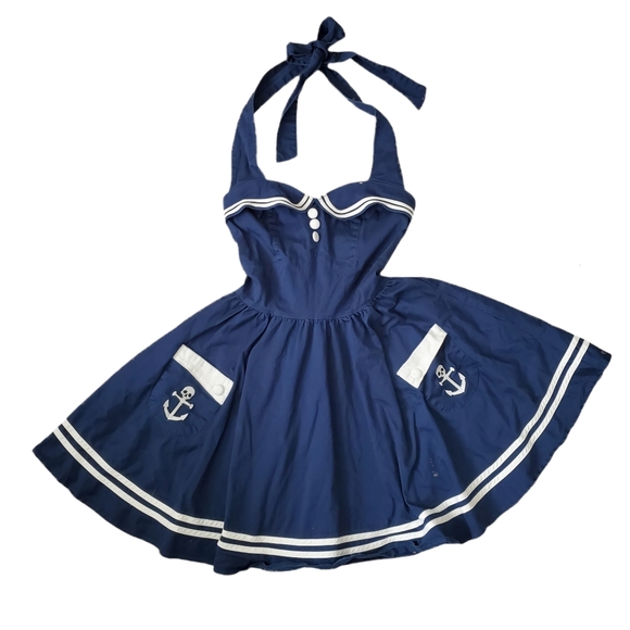 Hell Bunny Vixen Blue Skull Anchor Sailor Nautical Halter Dress - Picture 1 of 9